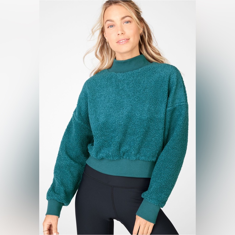 Fabletics Teal Malia Polar Fleece Pullover Textured Fuzzy Crew Neck